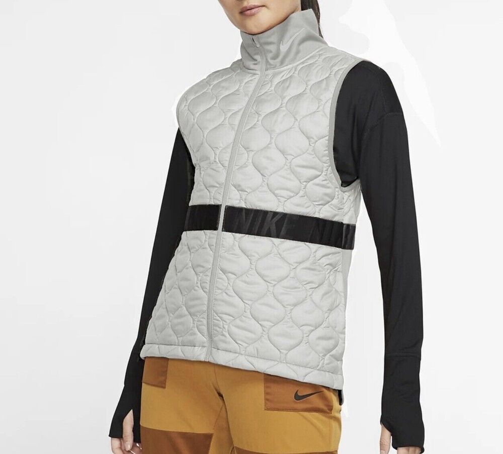 Nike AeroLayer Running Vest Womens S Gray Quilted Puffer Thermal Water Resistant